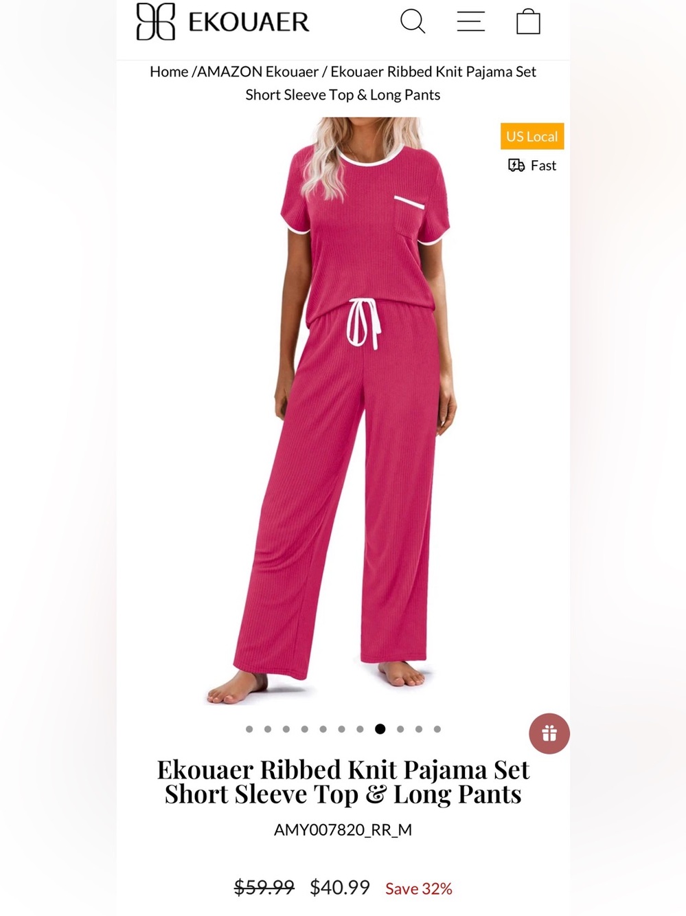 Ekouaer Ribbed Knit Pajama Set Short Sleeve Top & Long Pants